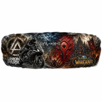 Тату эскиз: татуировка на руку где должно быть что то от Linkin park, что то связанное с мотоциклом, уравнение Дирака и эмблема орды и ворлд оф варкрафта. цветная 