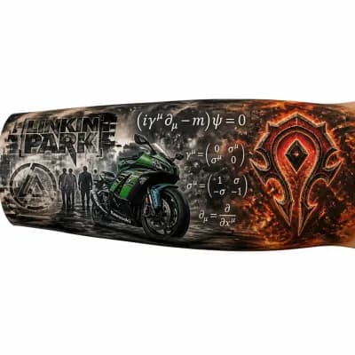 Тату эскиз: татуировка на руку где должно быть что то от Linkin park, что то связанное с мотоциклом kawasaki, уравнение Дирака и эмблема орды из ворлд оф варкрафта. цветная 