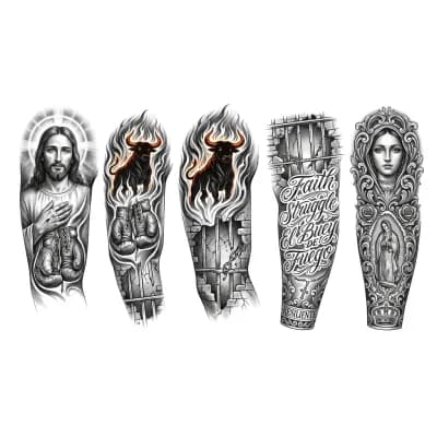 Тату эскиз: Sleeve tattoo design from shoulder to wrist, for a man. Theme: faith, struggle, resilience.

Shoulder: realistic portrait of Jesus Christ with empathetic eyes and subtle scars, soft divine light halo.

Upper arm (shoulder to elbow): old worn boxing gloves at the bottom, from which dynamic fire rises upwards. Inside the flames is a powerful silhouette of an ox with fiery horns, symbol of Fire Ox year.

Forearm (elbow to middle): background of broken prison bars or orphanage brick wall texture. A 