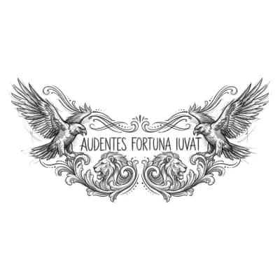 Тату эскиз: На середине груди написано audentes fortuna iuvat. Дополнить тату можно синхронно каким-нибудь птицами, животными, может быть пальцами которые соприкасаются между собой, это на твой выбор. Может быть линии какие-нибудь красивые туда добавить можно. Все на твое усмотрение. Мне создай очень красивое тату 