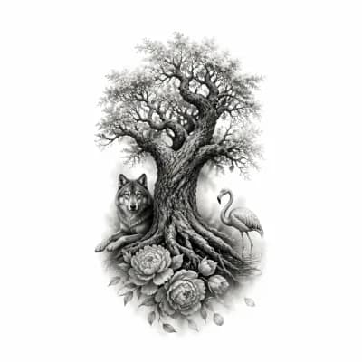 Тату эскиз: Эскиз татуировки на спине девушки в стиле реализм black & gray, 20–25 см. Вертикальная композиция «столб силы» со смещением от позвоночника. Иггдрасиль с мощным стволом, фактурной корой и глубокими тенями; лёгкая полупрозрачная листва; корни мягко уходят в тени. Слева у корней — собранная волчица, будто охраняет дерево; справа — лёгкий фламинго в воде; у подножия полукруг пионов. Падающие лепестки смешиваются с корнями. Без жёстких рамок и границ; края растворяются. Акцент на балансе масс.
