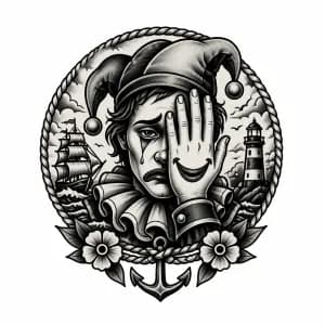 Тату эскиз: Грустный джокер закрывающий половину лица рукой на которой изображена улыбка
