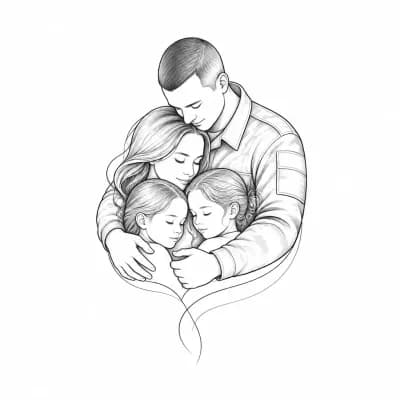 Тату эскиз: Нарисованные Мама и две дочки, Ника и Алёна  ,сверху обнимающий отец участник сво в военной форме