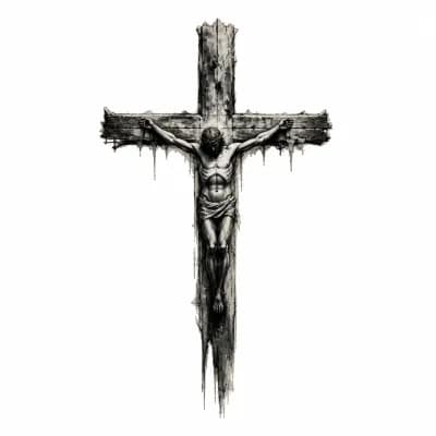 Тату эскиз: Tattoo design, 15 cm vertical, back of the neck. Rough sketch style, old school prison tattoo aesthetic but reimagined in modern streetwear and grunge style. Black ink with one accent color (dark red or neon green). Minimalist silhouette of a crucifix, jagged edges, texture like chipped paint or rust. No fine details, bold outlines. Background is skin texture. High detail, photorealistic.