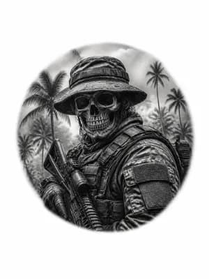 Тату эскиз: военный сво в тактической панаме, на фоне пальм в место лица череп