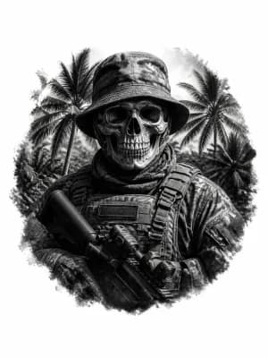 Тату эскиз: военный сво в тактической панаме, на фоне пальм в место лица череп
эскиз на всю страницу а 4 а не в кружочке
