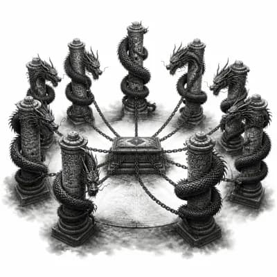 Тату эскиз: 9 чёрных китайских драконов обвивают 9 каменных столбов которые стоят по кругу от каждого столба идут цепи к каменному саркофагу вид сбоку