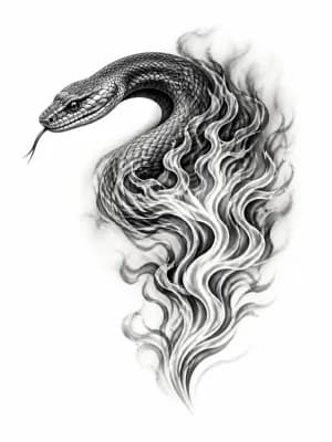 Тату эскиз: Реалистичное тату для девушки. На ключице голова змеи. Тело ее переходит на плечо (до локтя) и плавно переходит в плямя огня, которое по руке расходится красивыми угорали языков пламени. Исполнение лёгкое, женственное, не грузное.