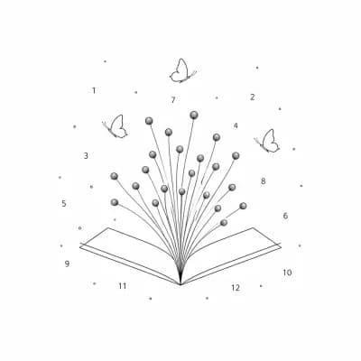 Тату эскиз: Композиция: лаконичный силуэт раскрытой книги — только чёткий контур, без прорисовки текстуры бумаги и мелких деталей. Страницы показаны как две простые плоскости под углом, будто книга только что открылась.Цветы: 2–3 бутона в максимально упрощённой форме — круглые головки и тонкие стебли, без детальной проработки лепестков. Стебли словно вырастают из линии корешка.Бабочки (3 шт.): схематичные силуэты, похожие на пиктограммы. Летают вокруг книги. пара букв и 1–2 цифры разбросаны вокруг книги 