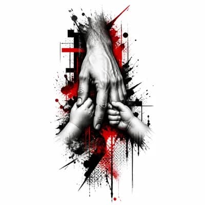 Тату эскиз: Две детские ручки держат за пальцы руку папы
Снизу подписаны даты рождения детей