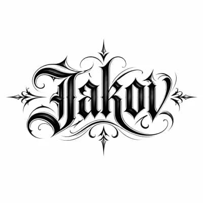 Тату эскиз: Chicano gothic calligraphy tattoo sketch of the name "Jakov", sharp edges, bold black ink, ornate lettering, symmetrical flashes, flash tattoo design on white background