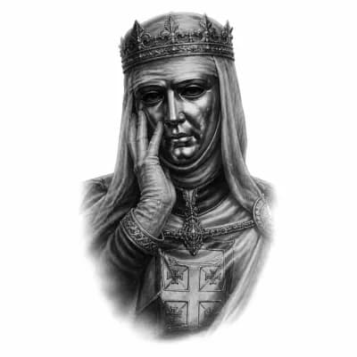 Тату эскиз: Король иерусалима Балдуин 4 в маске с его фирменым касанием лица 