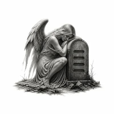 Тату эскиз: Концепция падения личности. Девушка блондинка с расущенными волосами, она ангел , и она грустит. Рядом надгробие с 4 надписями 
Пей до дна
Кури до фильтра 
Ебись до спида
Живи до суицида
Это все абстракция того что как же сейчас тяжело современному поколению и что сейчас происходит полная деградация общества и падение личности 