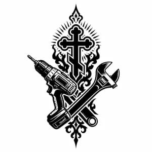 Тату эскиз: Шуруповерт, басовый ключь, православный крест