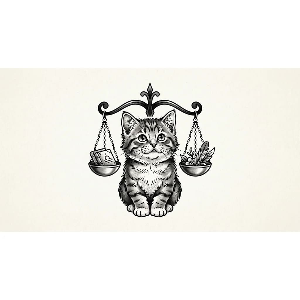 Тату эскиз: Эскиз татуировки в минималистичном стиле: маленький вислоухий котенок, олицетворяющий знак зодиака Весы. Котенок сидит в центре, а по бокам от него, на его лапках или на тонкой перекладине над ним, подвешены две чаши весов. Тонкие аккуратные линии, чистый белый фон, детализация мордочки с прижатыми ушками, графичный черный рисунок с элементами дотворка
