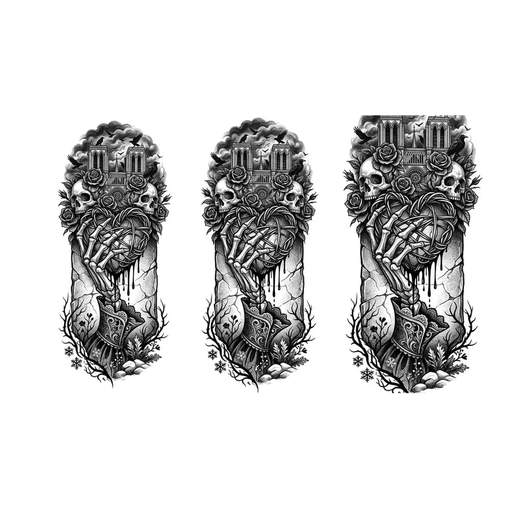 Рука-скелет рвёт каменную плиту → держит проволочное сердце → из него течёт чернильная кровь → снизу гильза и росток → вокруг снег