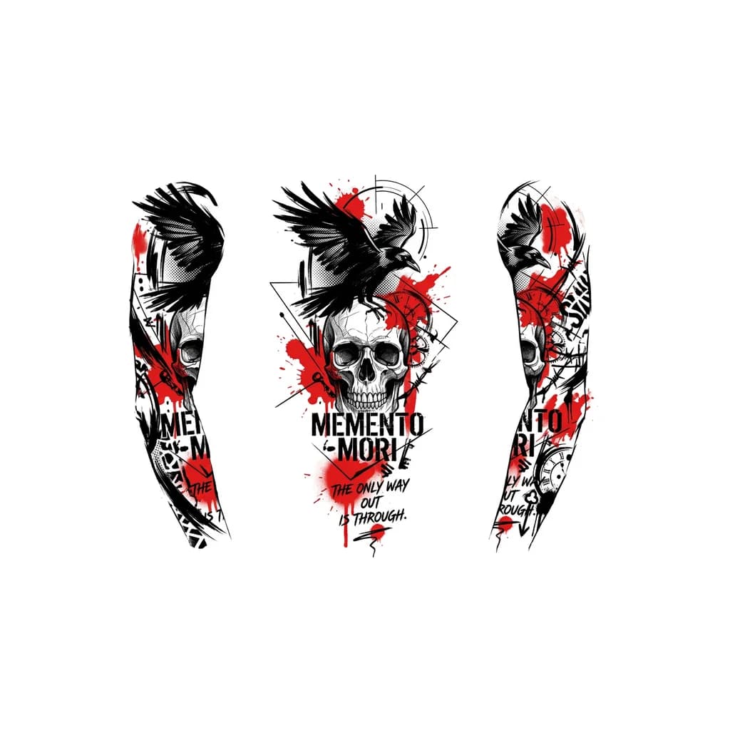 Рукав на всю  руку с черепом и надписями 
Можно добавить мистики