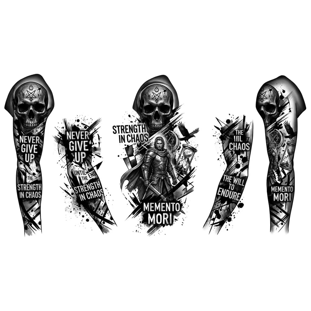Рукав на всю  руку с черепом и надписями 
Можно добавить мистики
Череп расположи на плече 
Ниже изображение человека или воина 
Надпись вроде ни когда не сдавайся или или то конца
