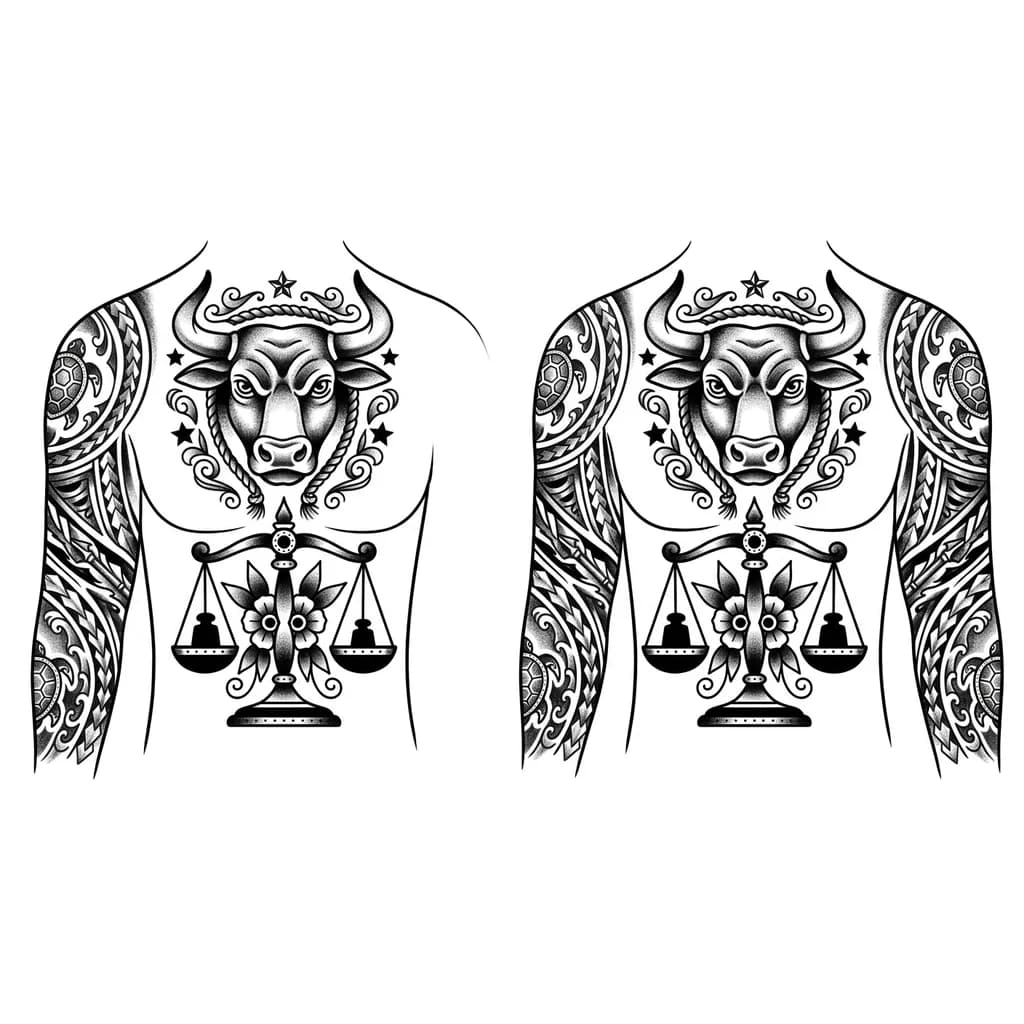 Тату эскиз: тату полинезия на плечо и предплечье и грудь. По центру плеча голова быка, по центру груди весы