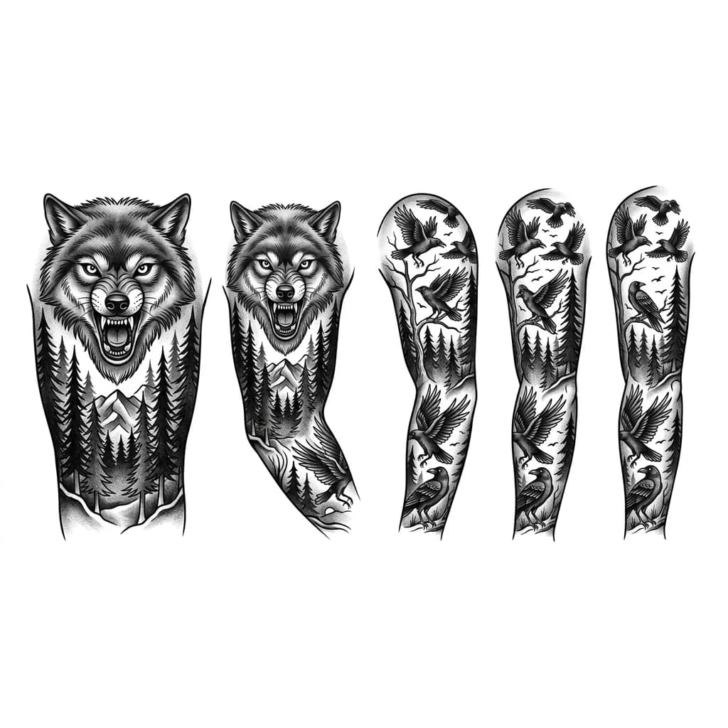 рукав волк на фоне леса и ворон