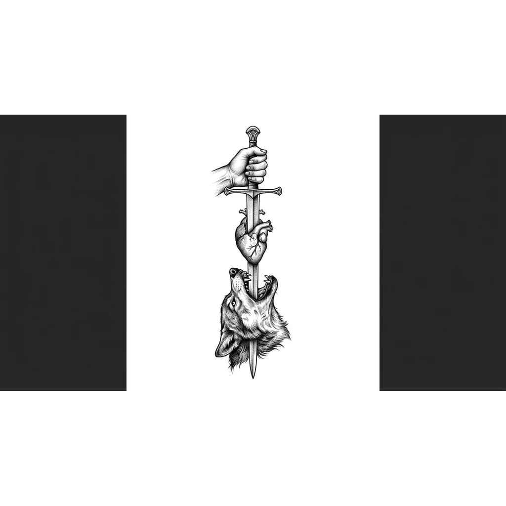 Рука сверху
В нее воткнут меч
На мече ниже сердце 
А под этим всем волк с открытой пастью,куда входит конец меча
