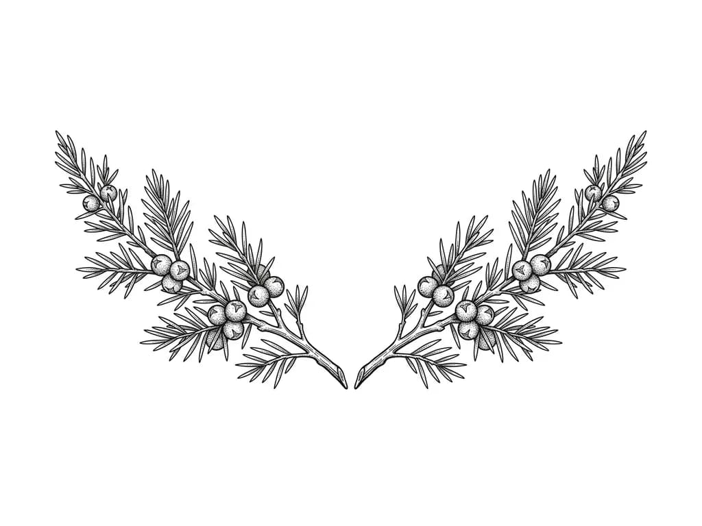 Сделай две зеркальные ветки можжевельника в легком минимализме, чтобы не сильно детализировано, но и не слишком скудно. По расположению от лопаток до ключиц 