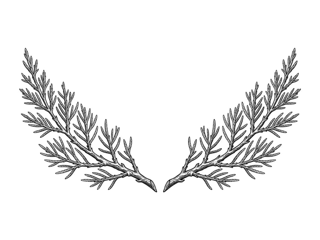 Сделай две зеркальные ветки можжевельника в легком минимализме, чтобы не сильно детализировано, но и не слишком скудно. По расположению от лопаток до ключиц. Загни их по полукругу и убери ягоды 