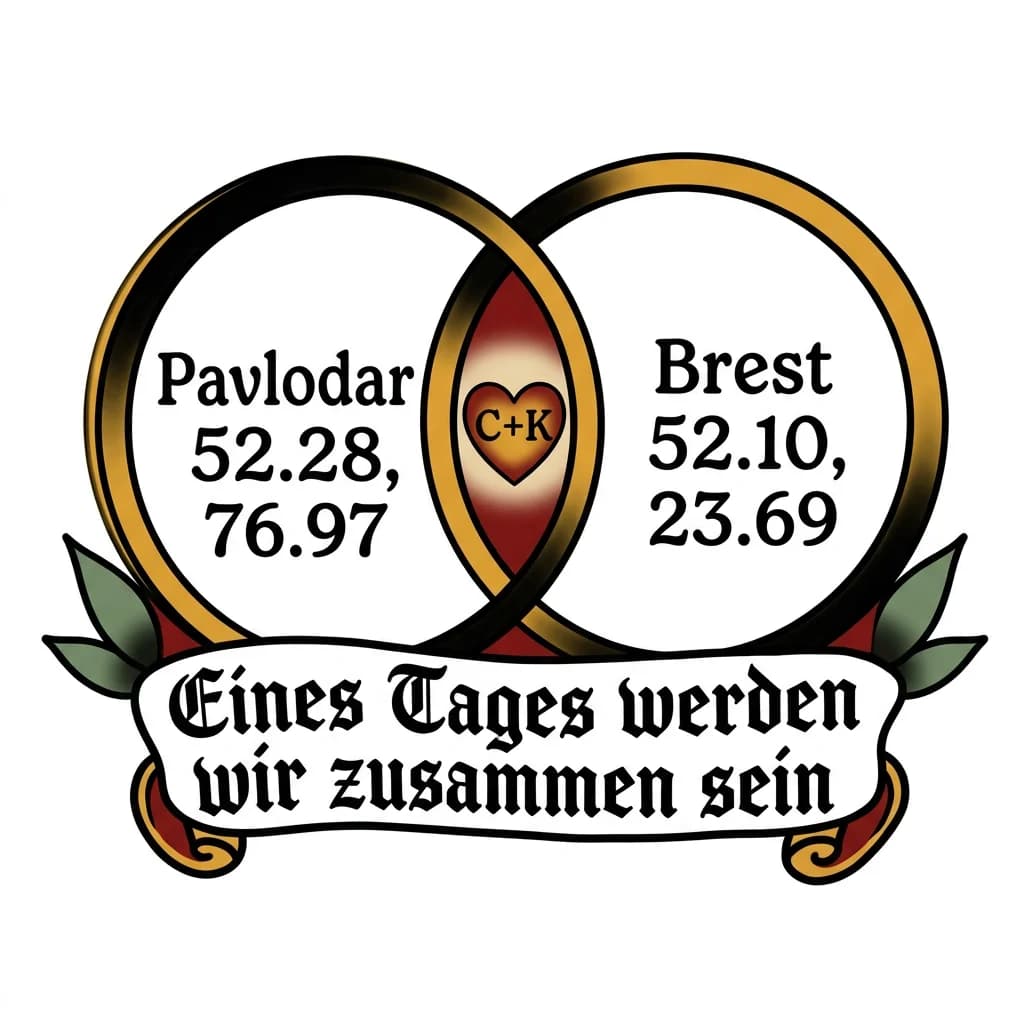 Тату эскиз: Размер: 2×2 см.
· Идея: Два круга, символизирующие города, пересекаются.
· Эскиз:
  · Два пересекающихся круга (как кольца, но не олимпийские, а частично наложенные).
  · В левом круге надпись: Павлодар 52.28, 76.97.
  · В правом круге: Брест 52.10, 23.69.
  · В области пересечения (общей части) — маленькое сердечко или буквы C+K.
  · Под кругами: "однажды мы будем вместе" на немецком "Eines Tages werden wir zusammen sein"