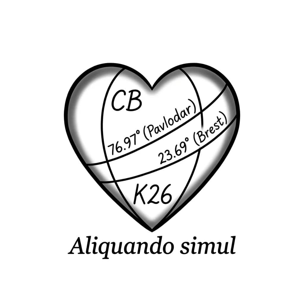Тату эскиз: Размер: 2.5×2 см.
· Идея: Сердце, образованное пересечением долгот.
· Эскиз:
  · Контур сердца, внутри которого две изогнутые линии, имитирующие меридианы.
  · На одной линии подпись 76.97° (Павлодар), на другой 23.69° (Брест).
  · В верхней части сердца — ник CB, в нижней — K26.
  · Под сердцем: "Однажды мы будем вместе" на латыни "Aliquando simul".