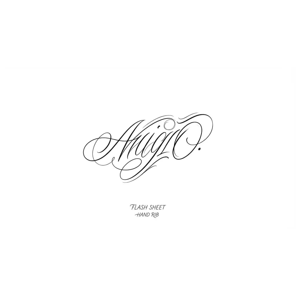 Тату эскиз: сделай эскиз тату на ребре руки в каллиграфическом стиле с дорисовками букв в виде линий 