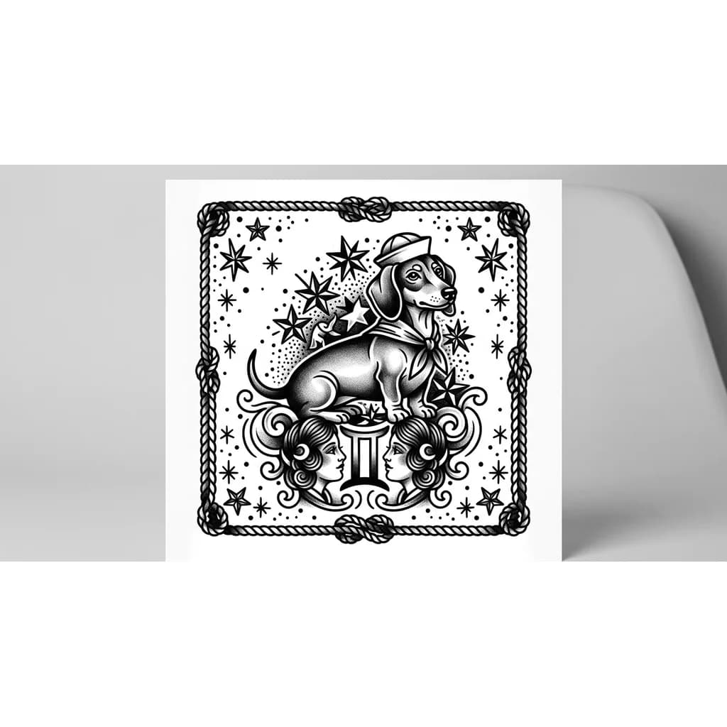 Тату эскиз: Такса, знак близнецов, звезды