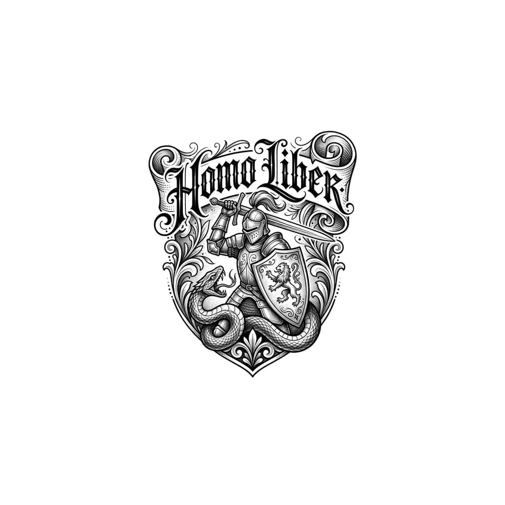 Тату эскиз: рыцарь со щитом с надписью HOMO LIBER , побеждающий змея 