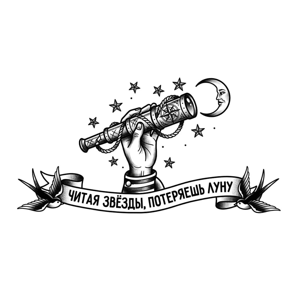 Эскиз татуировки с надписью "читая звёзды, потеряешь луну"  на русском  на ребрах
