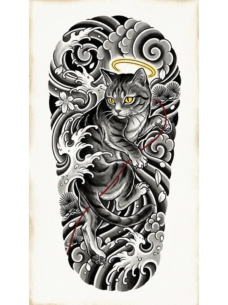 Кот с нимбом и Красной нитью бело серого окраса с жёлтыми глазами 