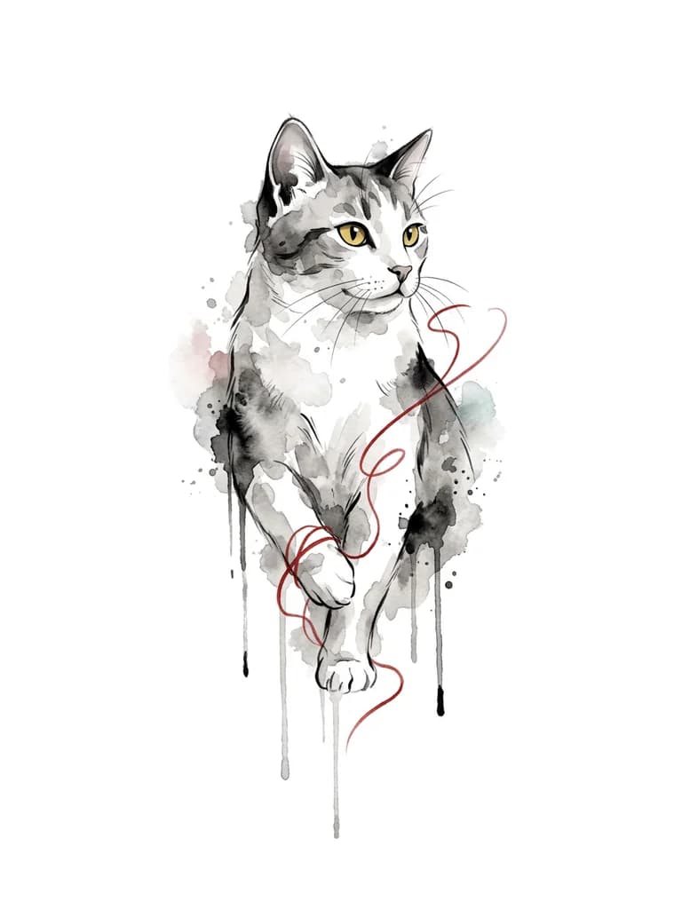 Милый Кот с  Красной нитью бело серого окраса с жёлтыми глазами 