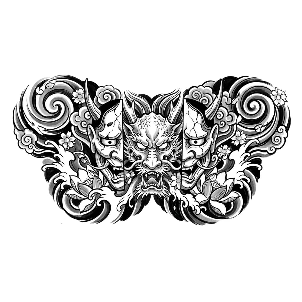 Создай эскиз тату в японском стиле , по центру драконье лицо,  а потоками разрезаная на две части маска они , эскиз тату для мужской груди 