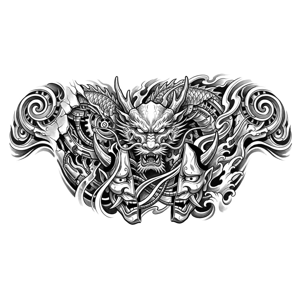 Создай эскиз тату в японском стиле , по центру драконье лицо,  а потоками разрезаная на две части маска они , эскиз тату для мужской груди 