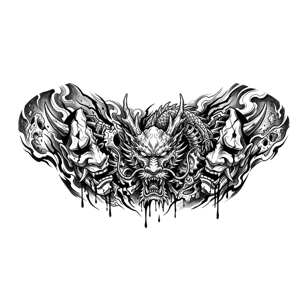 Хочу тату для мужской груди, в японском стиле в перемешку с биомеханикой,  оригинальную , по центру голова дракона по бокам разрезаная демоническая маска,  с рваными краями 