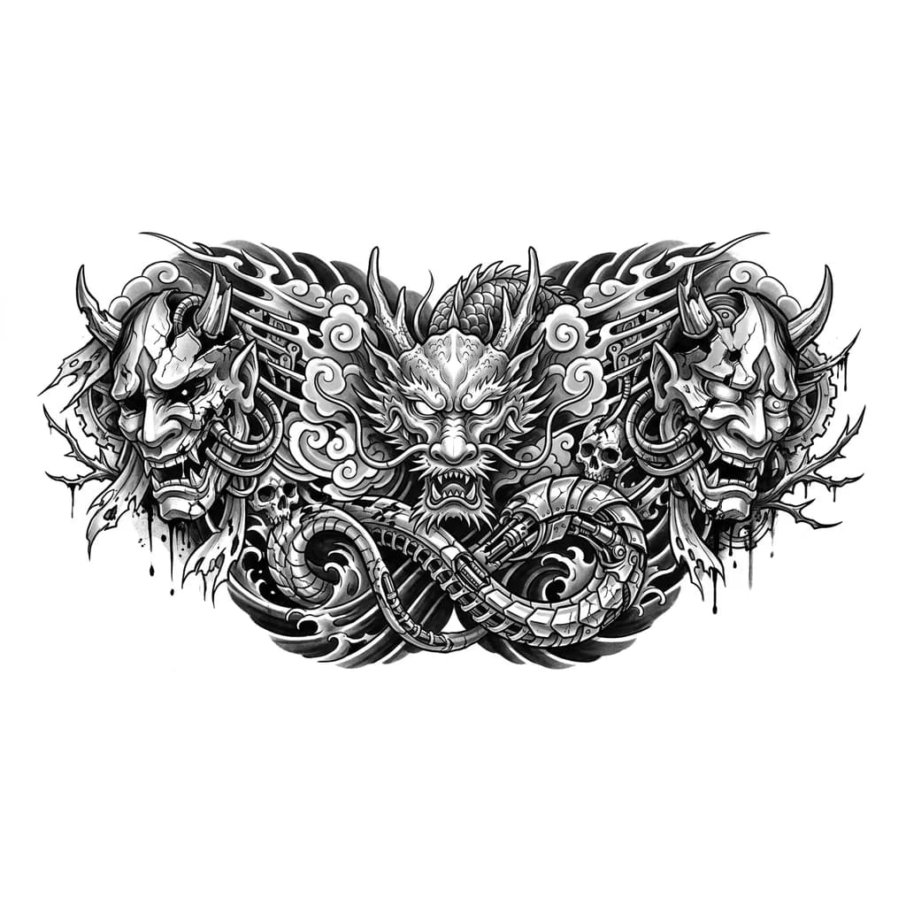 Хочу тату для мужской груди, в японском стиле в перемешку с биомеханикой,  оригинальную , по центру голова дракона по бокам разрезаная демоническая маска,  с рваными краями и добавь цвета 