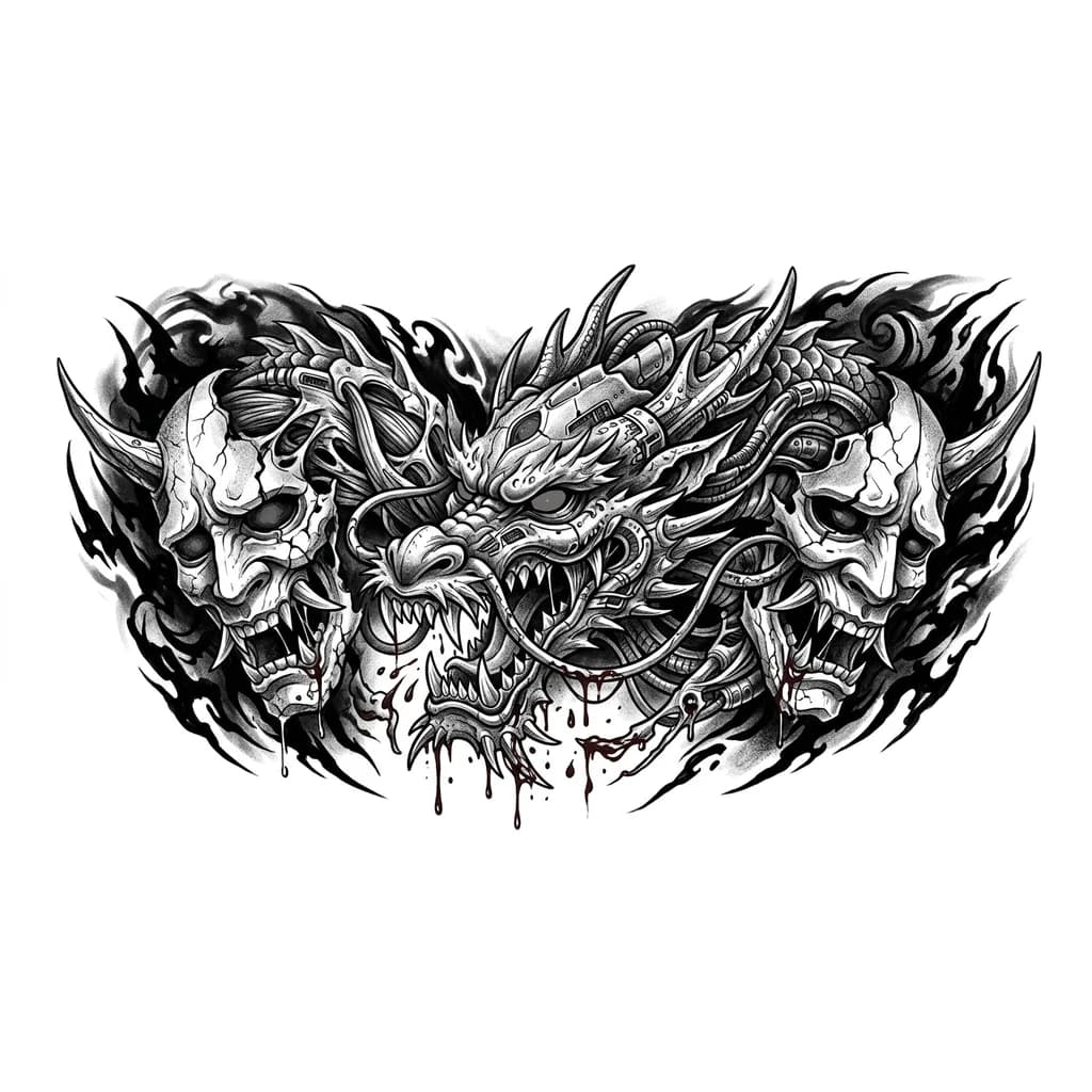 Хочу тату для мужской груди, в японском стиле в перемешку с биомеханикой,  оригинальную , по центру голова дракона по бокам разрезаная демоническая маска,  с рваными краями и добавь цвета 
