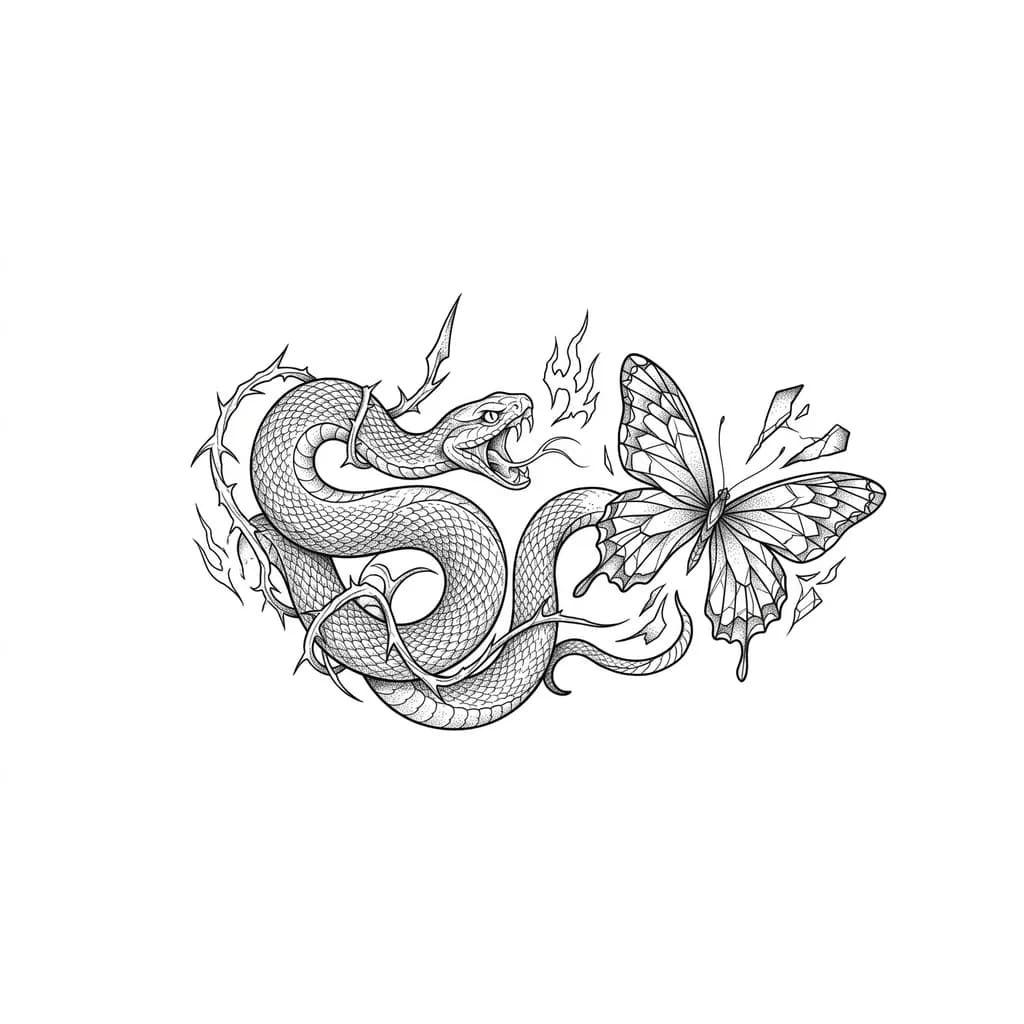 Должна быть змея и бабочка 
Тату должно отражать силу гнев и боль