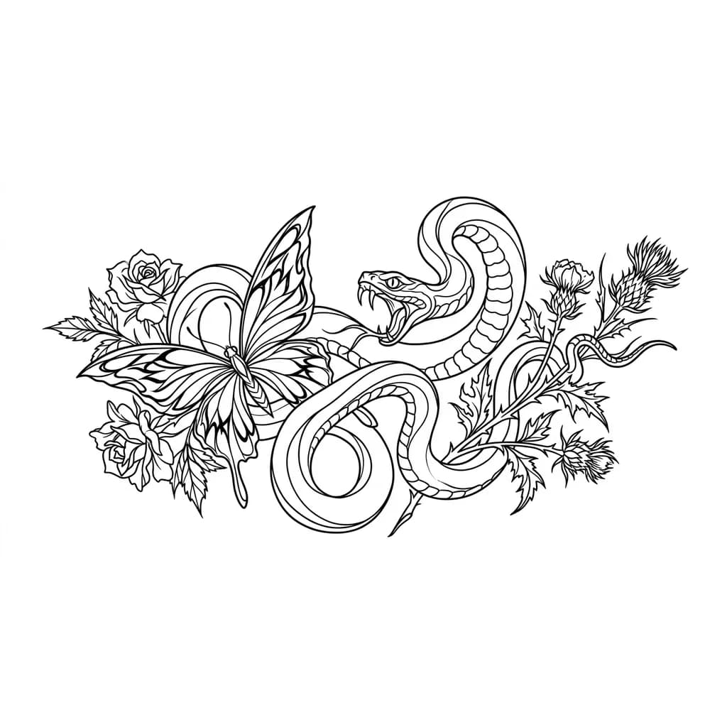 Должна быть змея и бабочка и цветы 
Тату должно отражать силу гнев и боль