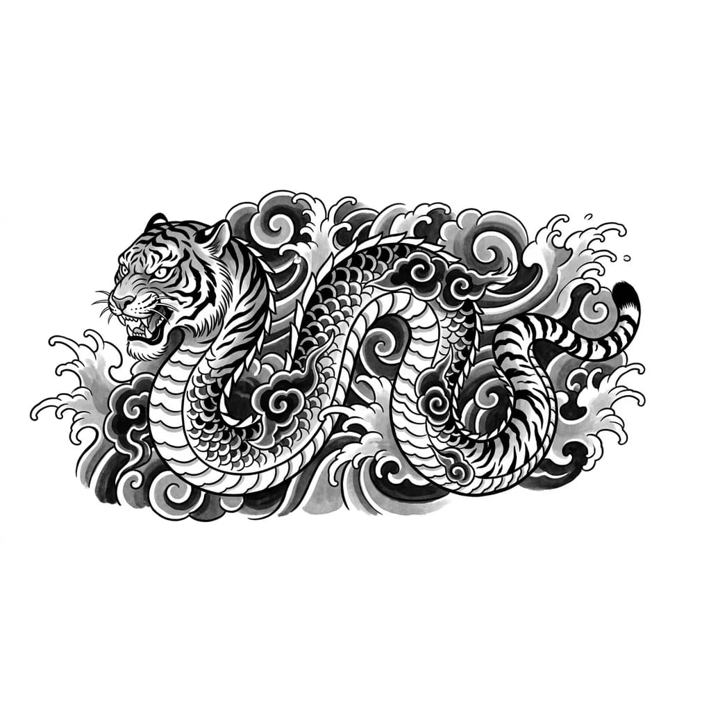 Тигр с длинным телом дракона виверны, голова у него тигра, хвост тоже тигра 