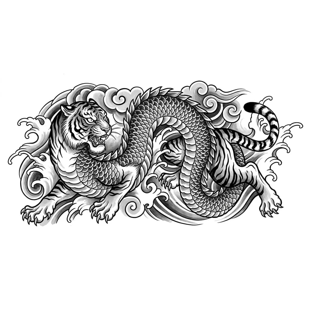 Тигр с длинным телом дракона виверны, голова у него тигра, хвост тоже тигра, лапы тоже тигра