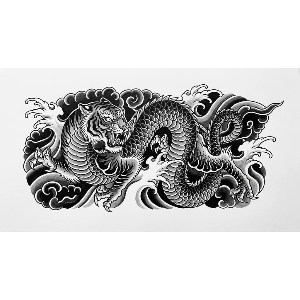 Тигр с длинным телом дракона виверны, голова у него тигра, хвост и задние лапы от тигра