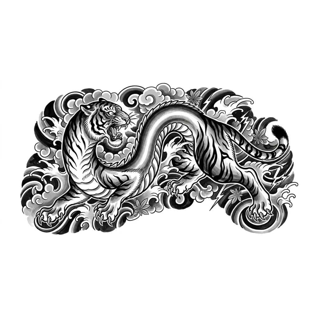 Тигр с длинным телом дракона виверны, но без чешуи, голова у него тигра, хвост и задние лапы от тигра, от дракона только продолговатое тело