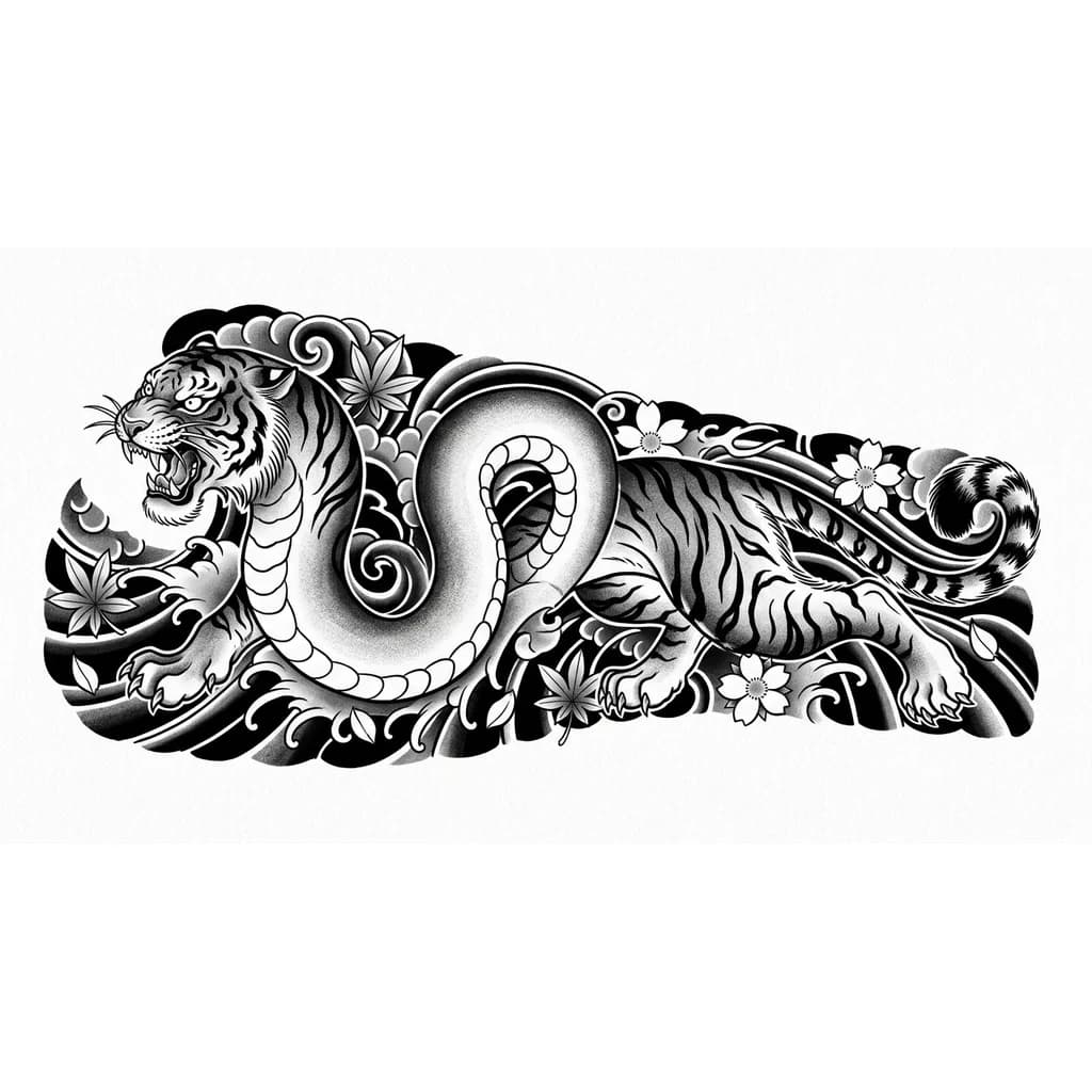 Тигр с длинным телом дракона виверны, но без чешуи, голова у него тигра, хвост и задние лапы от тигра, от дракона только продолговатое тело