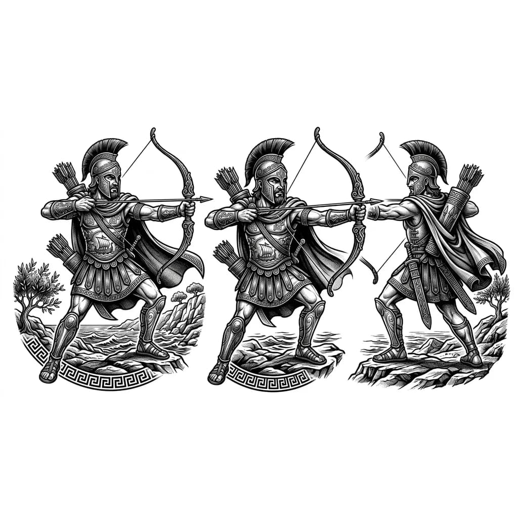 Одиссей, древний воин, царь острова Итаки, с луком, в греческом шлеме