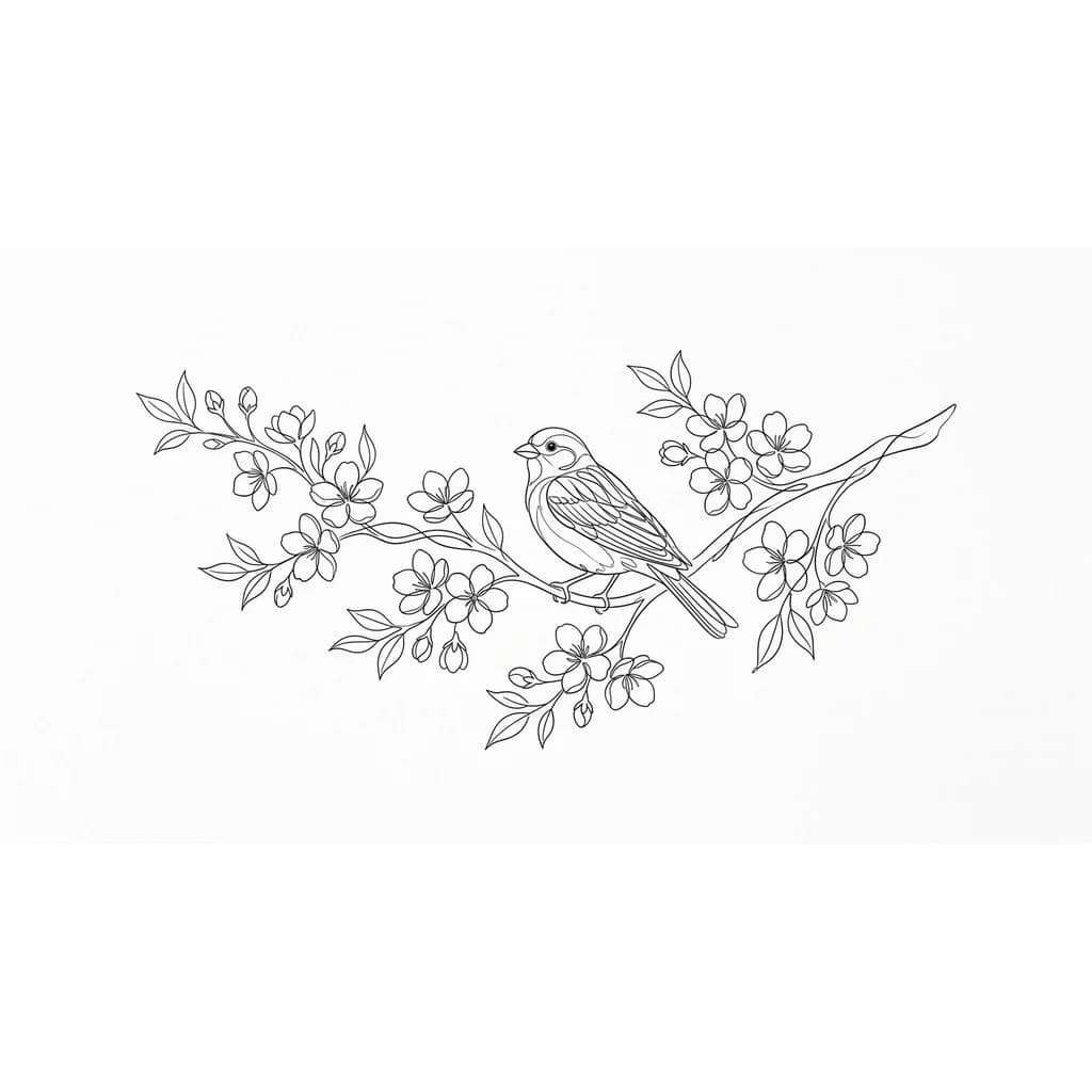 сакура тонкие линии с птицей