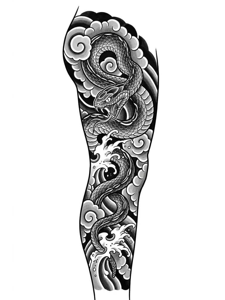 Сделай развертку тату в японском стиле, на ноге с элементами блекворк с облаками змеем и волнами
